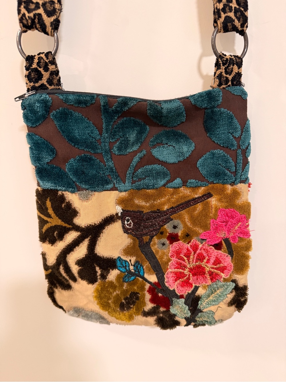Vintage Fabric Crossbody Bag in Teal and Pink